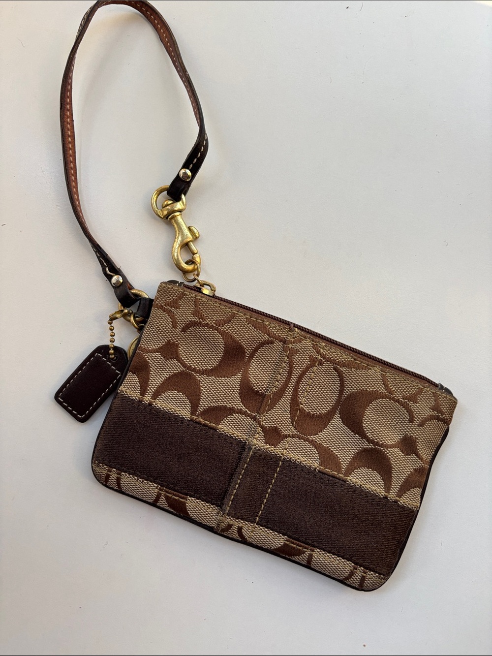 Coach Brown Signature Canvas Wristlet with Dark Brown Suede Accent